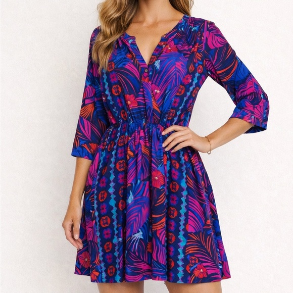 Tori Richard Dresses & Skirts - Tori Richard Tropical Print Mini Sundress Size S Blue Pink Stretch Summer Beach